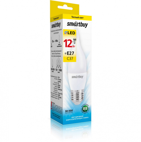 Лампа светодиодная SMARTBUY C37 12Вт 220V 3000К E27 (свеча на ветру, матовая, теплый свет) (10/100) (SBL-C37Can-12-30K-E27)