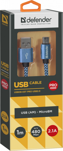 Кабель DEFENDER USB08-03T PRO USB2.0, синий, AM-MicroBM, 1m, 2.1A (1/100) (87805) фото 10