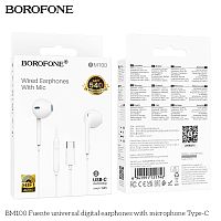 Наушники внутриканальные Borofone BM100 Fuente, пластик, микрофон, кабель Type-C, 1.2м, цвет: белый (1/244) (6941991121746)