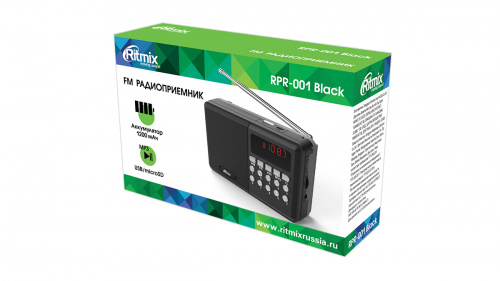 Радиоприёмник RITMIX RPR-001 BLACK, FM-,87,5-108МГц,цифр.тюнер,LED диспл,40ст.пам.,телеск.антен,мр3 USB,micro SD (1/40) (80002630) фото 2 Радиоприёмник RITMIX RPR-001 BLACK, FM-,87,5-108МГц,цифр.тюнер,LED диспл,40ст.пам.,телеск.антен,мр3 USB,micro SD (1/40) (80002630) фото 2