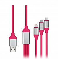 Дата-кабель Smartbuy USB - 3 в 1 Micro+C+8pin, резин, толст. 1.2 м, до 3А яд.роз(iK-312QBOMB nrose)