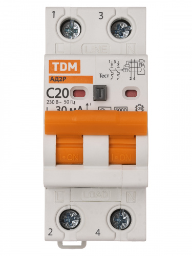 Диф.автомат АД2P 2Р С20 30мА 6кА тип АС TDM (1/48) (SQ0204-0608) фото 6