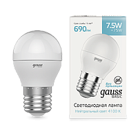 Лампа светодиодная GAUSS Basic Шар 7,5W 690lm 4100K E27 1/10/100 (1053228)