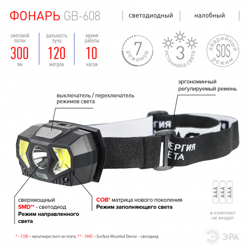 Фонарь ЭРА GB-608 налобный на батарейках 3xAAA 5Вт 7 режимов черный (1/30/120) (Б0052319) фото 7