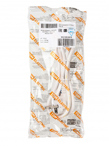 Шнур сетевой с вилкой ПВС 3x0,75мм2 1,5м с/з белый TDM (1/50) (SQ1305-0075) фото 2