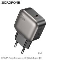 Блок питания сетевой 1 Type-C Borofone BAS53A Absolute, пластик, PD20Вт, QC3.0, цвет: чёрный (1/72/288) (6941991116179)