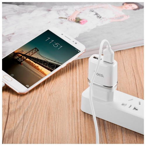 Блок питания сетевой 2 USB HOCO C12, 2400mA, пластик, цвет: белый (1/10/100) (6957531047759) фото 12