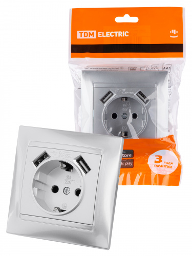 Розетка 2П+З 16А 250В + 2 USB порта 2,1А 5В металлик с/у, "Лама" (1/96) TDM (SQ1815-0242) Розетка 2П+З 16А 250В + 2 USB порта 2,1А 5В металлик с/у, "Лама" (1/96) TDM (SQ1815-0242)