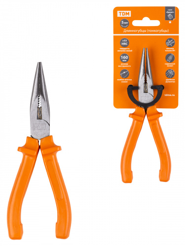 Длинногубцы (тонкогубцы), с пластиковыми рукоятками, углеродистая сталь, 160 мм, серия "Гранит" TDM (1/60) (SQ1009-0201)