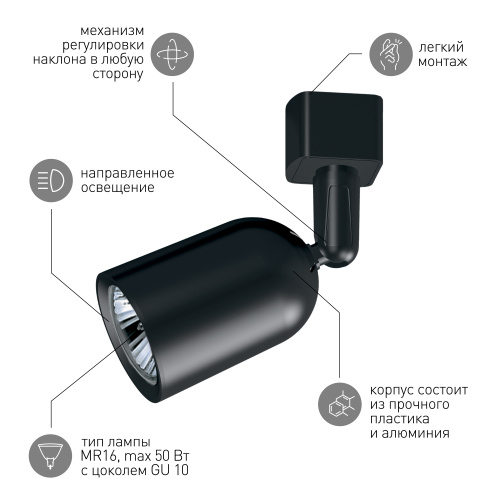 Трековый светильник однофазный ЭРА TR41-GU10 BK под лампу MR16 черный (1/100) (Б0054171) фото 10