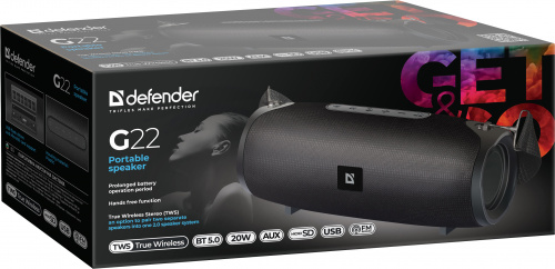 Колонка портативная DEFENDER G22 20Вт, BT/FM/TF/USB/AUX/TWS,черный (1/8) (65122) фото 11