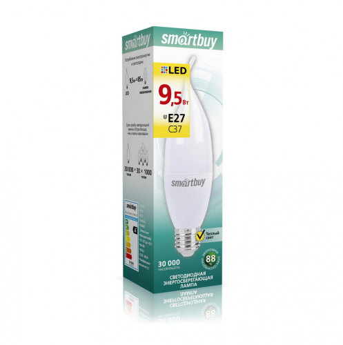 Лампа светодиодная SMARTBUY C37 9,5Вт 3000K E27 (свеча на ветру, матовая, теплый свет) (1/10/100) (SBL-C37Can-9_5-30K-E27)