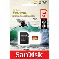 Карта памяти MicroSD  64GB  SanDisk Class 10 Extreme Action Cameras/Drones A2 V30 UHS-I U3 (160 Mb/s) +SD адаптер (SDSQXA2-064G-GN6AA)