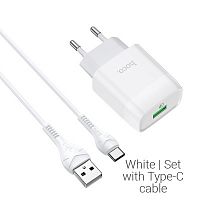Блок питания сетевой 1 USB HOCO C72Q, Glorious, 3A, пластик, QC3.0, кабель Type-C, цвет: белый (1/30/180) (6931474732552)