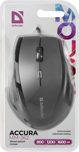 Мышь проводная DEFENDER Accura MM-362, USB, 6 кнопок, 800-1600 dpi, черный (1/40) (52362) фото 9
