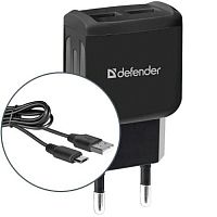 Блок питания сетевой 2 USB DEFENDER UPC-21, черный, 5V/2.1А, кабель microUSB (1/50) (83581)
