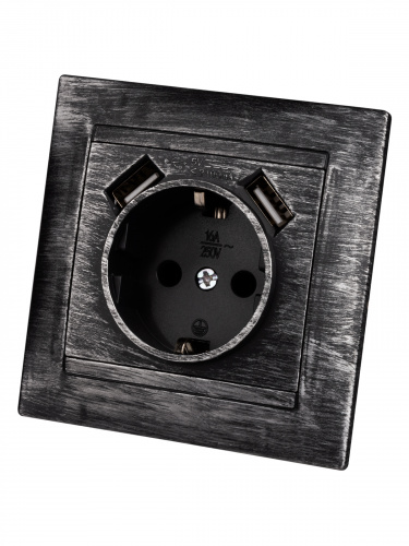 Розетка 2П+З 16А 250В + 2 USB порта 2,1А 5В старинное серебро с/у, "Лама" (1/96) TDM (SQ1815-0669) фото 3 Розетка 2П+З 16А 250В + 2 USB порта 2,1А 5В старинное серебро с/у, "Лама" (1/96) TDM (SQ1815-0669) фото 3