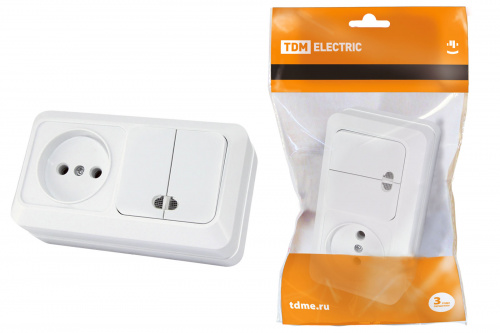 Блок комбинированный выключатель 2-кл. 10А с подсветкой + розетка 2П 10А 250В БКВР IP20, ОУ, белый "Ладог (SQ1801-0108)