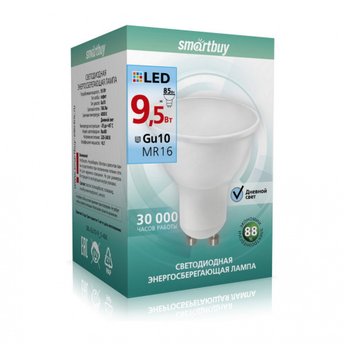 Лампа светодиодная SMARTBUY GU10 (MR16) 9,5Вт 220V 4000K (нейтральный свет) (10/100) (SBL-GU10-9_5-40K)