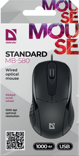 Мышь проводная DEFENDER Standard MB-580, 3 кнопки,1000 dpi, черный (1/100) (52580) фото 6