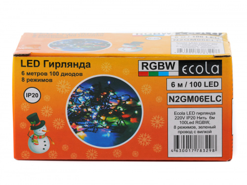 Гирлянда светодиодная ECOLA 220V IP20 Нить 6м 100Led RGBW, 8 режимов, зеленый провод с вилкой (1/30) (N2GM06ELC) фото 5