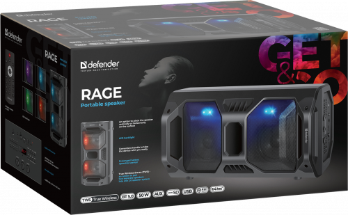 Колонка портативная DEFENDER Rage 50Вт, напольная, Light/BT/FM/USB/LED/TWS (1/2) (65109) фото 6