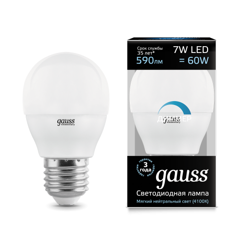 Лампа светодиодная GAUSS Шар 7W 590lm 4100К Е27 диммируемая 1/10/100 (105102207-D) Лампа светодиодная GAUSS Шар 7W 590lm 4100К Е27 диммируемая 1/10/100 (105102207-D)