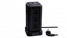 Сетевой фильтр RITMIX RM-2124 Black, башня, 12 розеток, 16А, 4000Вт, 4х USB, кнопка питания, кабель медный 2м, с заземлением (1/12) (80003363)