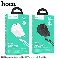 Блок питания сетевой 1 Type-C HOCO N64, PD20Вт, кабель Type-C - Type-C, цвет: белый (1/13/130) (6942007655156)