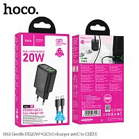 Блок питания сетевой 1 USB, 1 Type-C HOCO N61 Gentle, 3.0A, PD20Вт, кабель Type-C - Type-C, цвет: чёрный (1/12/120) (6942007644273)