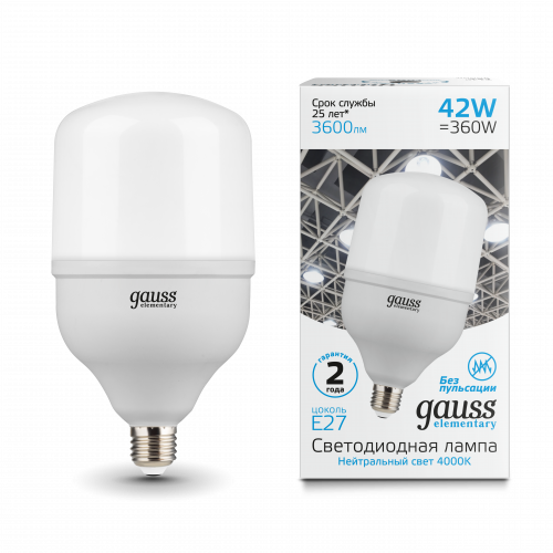 Лампа светодиодная GAUSS Elementary T120 42W 3600lm 4000K E27 1/12 (63224)