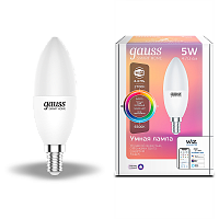 Лампа светодиодная GAUSS Smart Home, Wi-Fi и голосовое управление, програм-ние режимов, диммер, RGBW E14 C37 5 Вт 2700-6500K 1/10/100 (1190112)