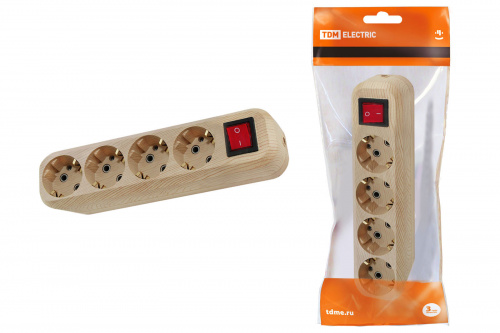 Колодка розеточная 4 гнезда 2П+3 с выключателем16А 250В "Эко" (сосна) TDM (1/96) (SQ1806-0052)