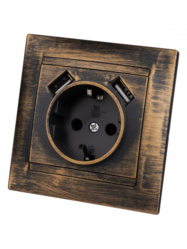 Розетка 2П+З 16А 250В + 2 USB порта 2,1А 5В старинная бронза с/у, "Лама" (1/96) TDM (SQ1815-0772) фото 5 Розетка 2П+З 16А 250В + 2 USB порта 2,1А 5В старинная бронза с/у, "Лама" (1/96) TDM (SQ1815-0772) фото 5