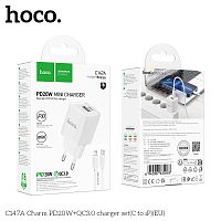 Блок питания сетевой 1 USB, 1 Type-C HOCO C147A Charm, 3.0A, PD20Вт, кабель Type-C - 8 pin, цвет: белый (1/30/180) (6942007630283)