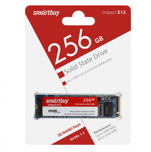 Внутренний SSD  Smart Buy  256GB  Impact E12, PCIe Gen3 x4, R/W - 3200/1250 MB/s, (M.2), 2280, Phison PS5012-E12, TLC 3D NAND (SBSSD-256GT-PH12-M2P4)